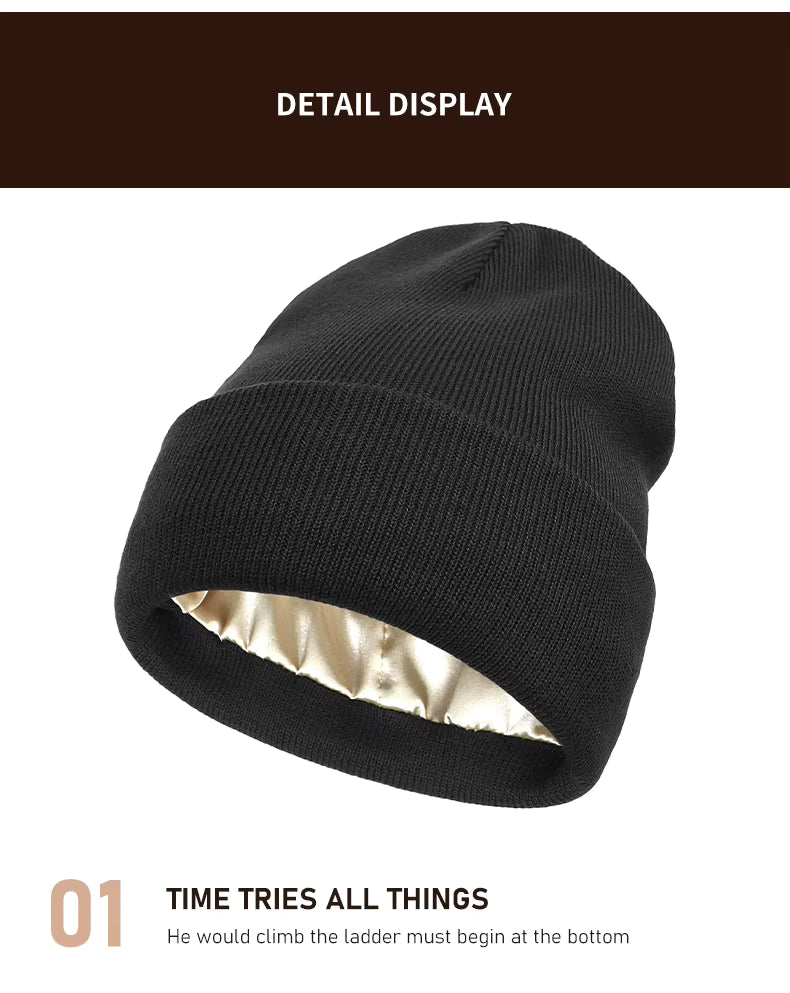 Zimowe czapki z dzianiny Damska czapka zimowa z podszewką satynową dla kobiet Jedwabna podszewka Grube masywne czapki