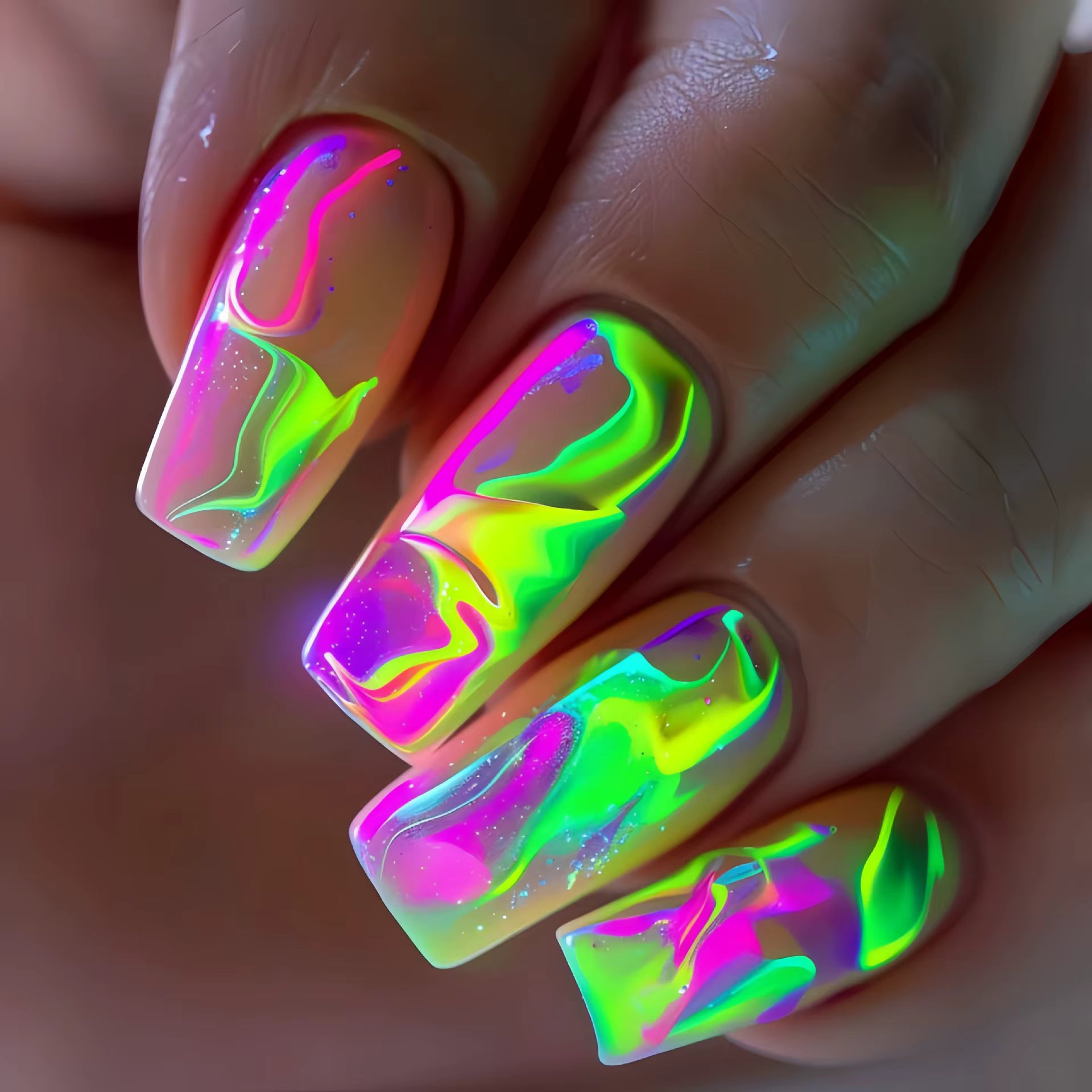 24 sztuki / zestaw Średnie kwadratowe sztuczne paznokcie Gradient Aurora płomień Błyskawiczne paski gwiaździste niebo sztuczne ongles tipsy naciśnij na sztuczną sztukę paznokci