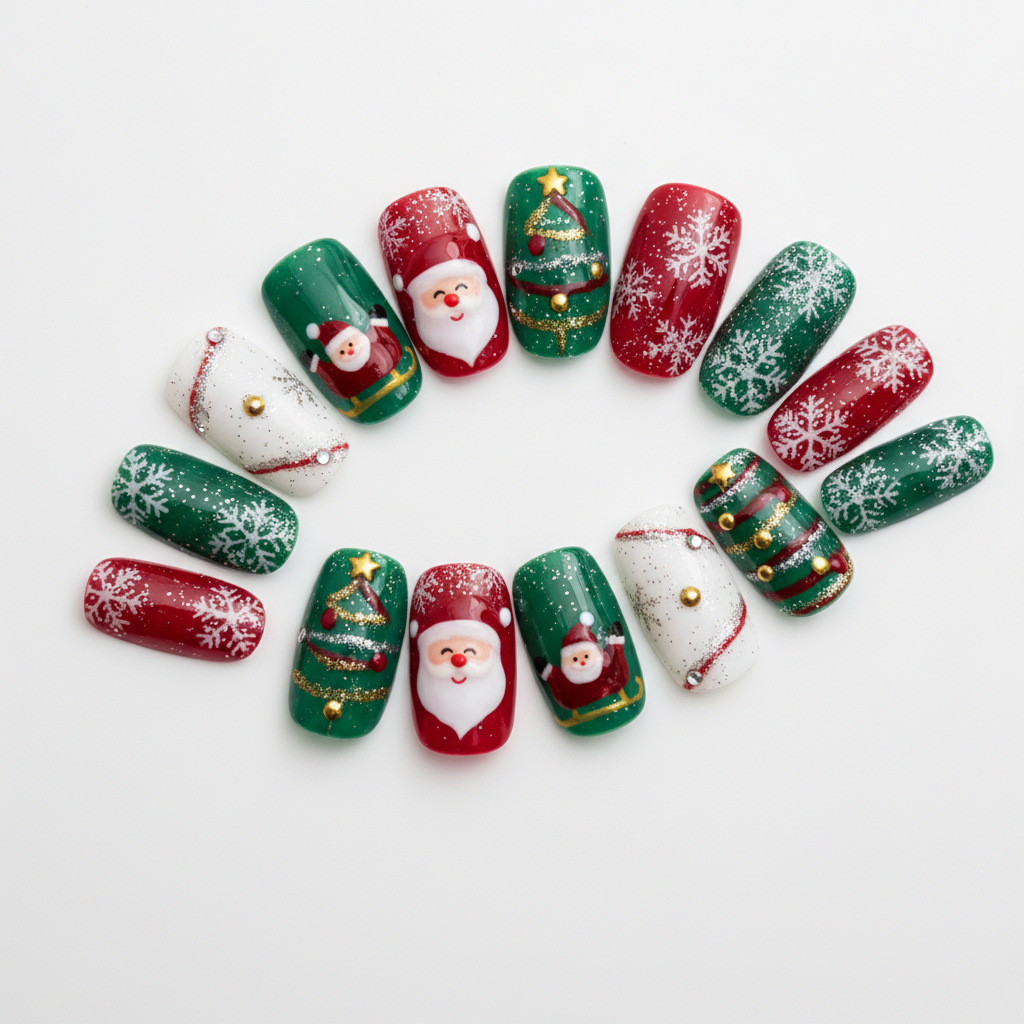 Średnie sztuczne paznokcie na przyjęcie świąteczne, płatki śniegu, choinka, Święty Mikołaj, elf, alsmond, kwadratowe tipsy, zestaw do nakładania sztucznych paznokci. 3 zdjęcia