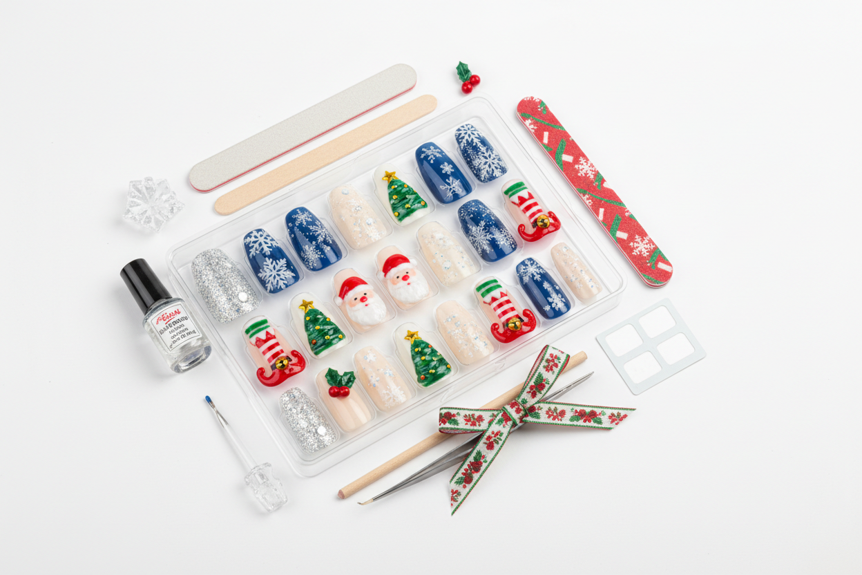 Średnie sztuczne paznokcie na przyjęcie świąteczne, płatki śniegu, choinka, Święty Mikołaj, elf, alsmond, kwadratowe tipsy, zestaw do nakładania sztucznych paznokci.