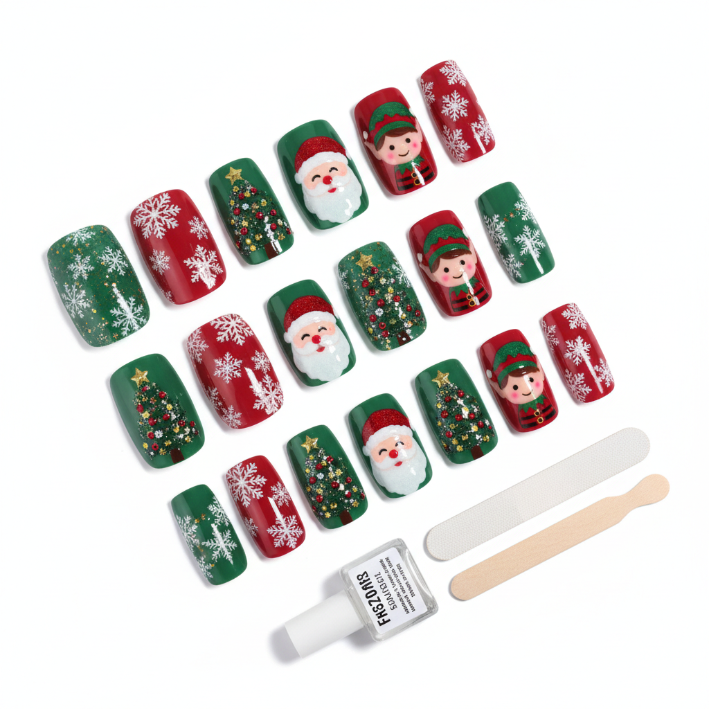 Średnie sztuczne paznokcie na przyjęcie świąteczne, płatki śniegu, choinka, Święty Mikołaj, elf, alsmond, kwadratowe tipsy, zestaw do nakładania sztucznych paznokci.