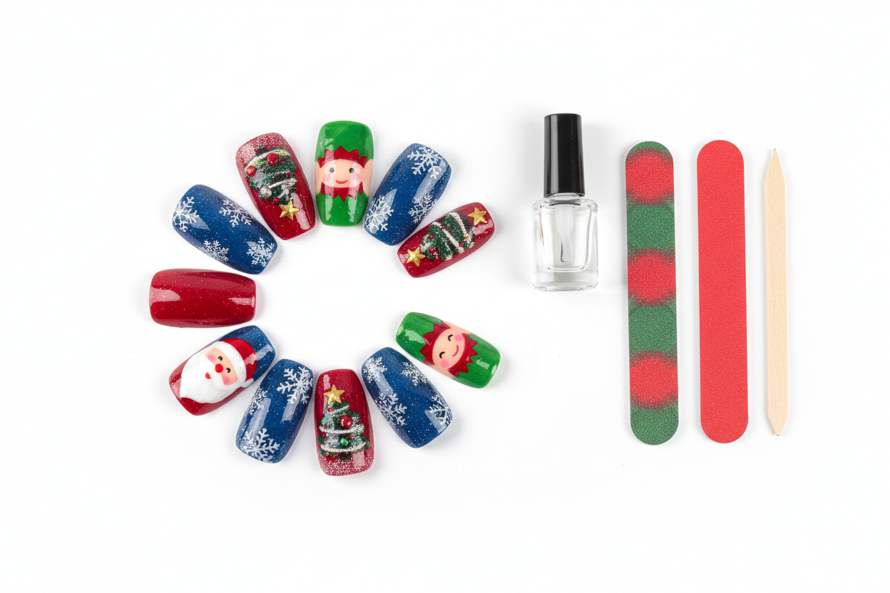 Średnie sztuczne paznokcie na przyjęcie świąteczne, płatki śniegu, choinka, Święty Mikołaj, elf, alsmond, kwadratowe tipsy, zestaw do nakładania sztucznych paznokci.