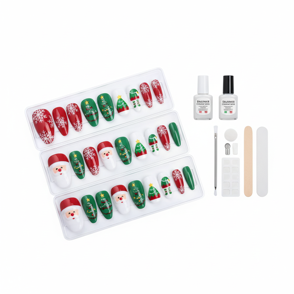 Średnie sztuczne paznokcie na przyjęcie świąteczne, płatki śniegu, choinka, Święty Mikołaj, elf, alsmond, kwadratowe tipsy, zestaw do nakładania sztucznych paznokci.